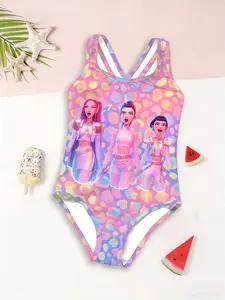 Girls Kpop Series One-Piece Swimsuit, Gradient Leopard Cartoon Anime Print, Back Cross Strap Fashion Swimwear, Beach Vacation New Style, Bright Swimwear