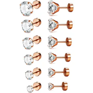FINREZIO 6 Pairs Rose Golden Elegant Stud Earrings Set for Women Men Multiple Sizes Clear Shining CZ Flat Back Earrings Stainless Steel Hypoallergenic Cartilage Piercing Jewelry Set for Sensitive Ears Daily Wear