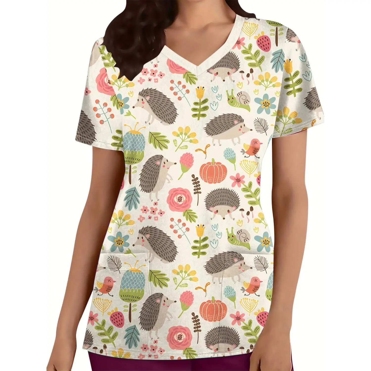 Hedgehog and Floral Print V-Neck Nursing Scrubs - Breathable Short Sleeve, All-Season Comfort, Casual Fit | Floral Print Nurse Scrubs | Lightweight and Comfortable