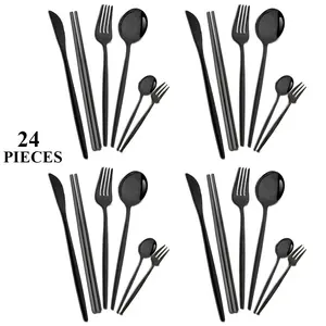 24-Piece Mirror Finish Cutlery Set, Western Style Stainless Steel Kitchen Utensils, Ideal Wedding Gift, Includes Round Chopsticks