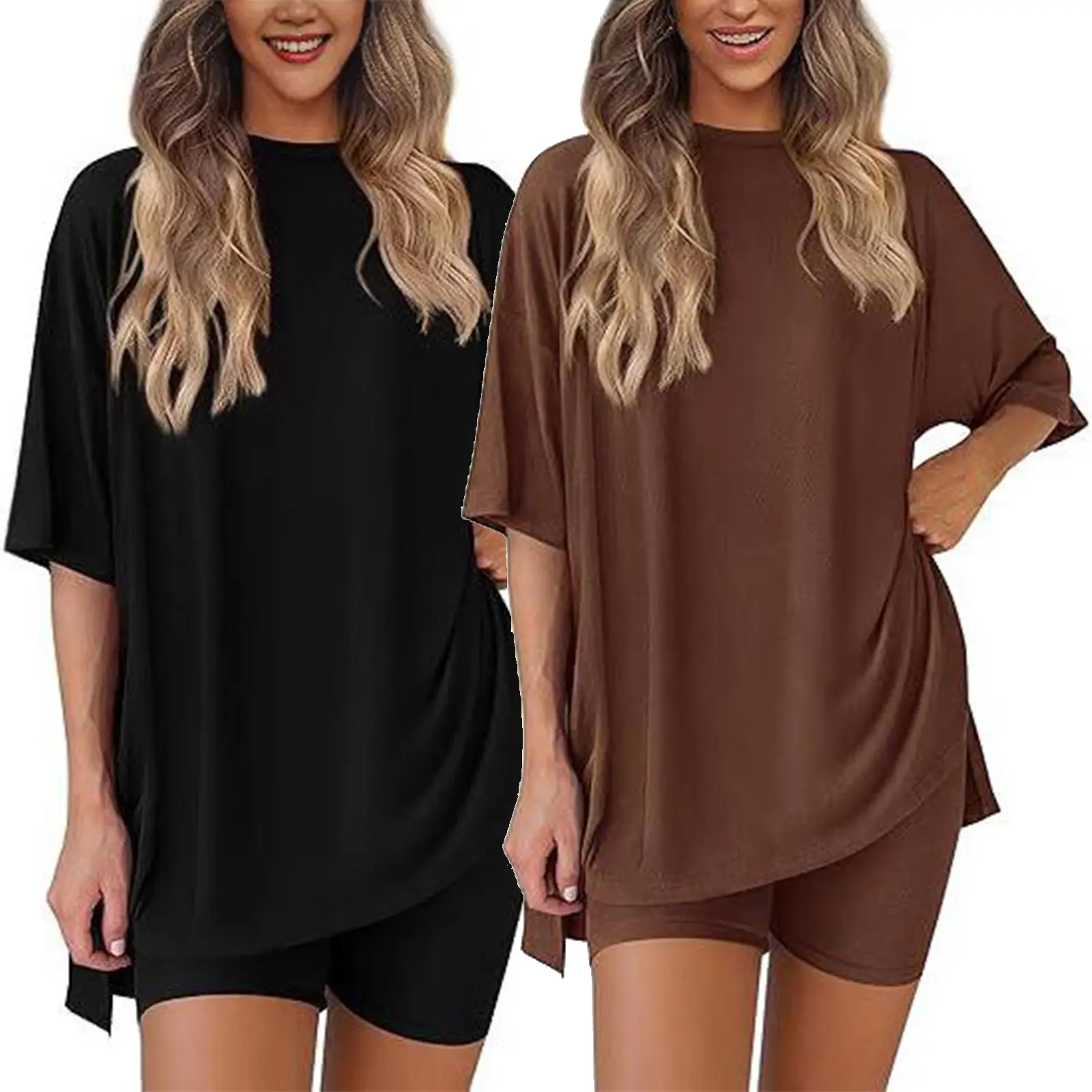 Women's 2026 2-Piece Baggy Oversized Long Top & Tight Fitted Shorts Set - Summer Basic Plain Minimalist Round Neck Loose Casual Suit with Pocket, Split Hem Breathable Clothes for Travel & Lounge, Women's Clothes