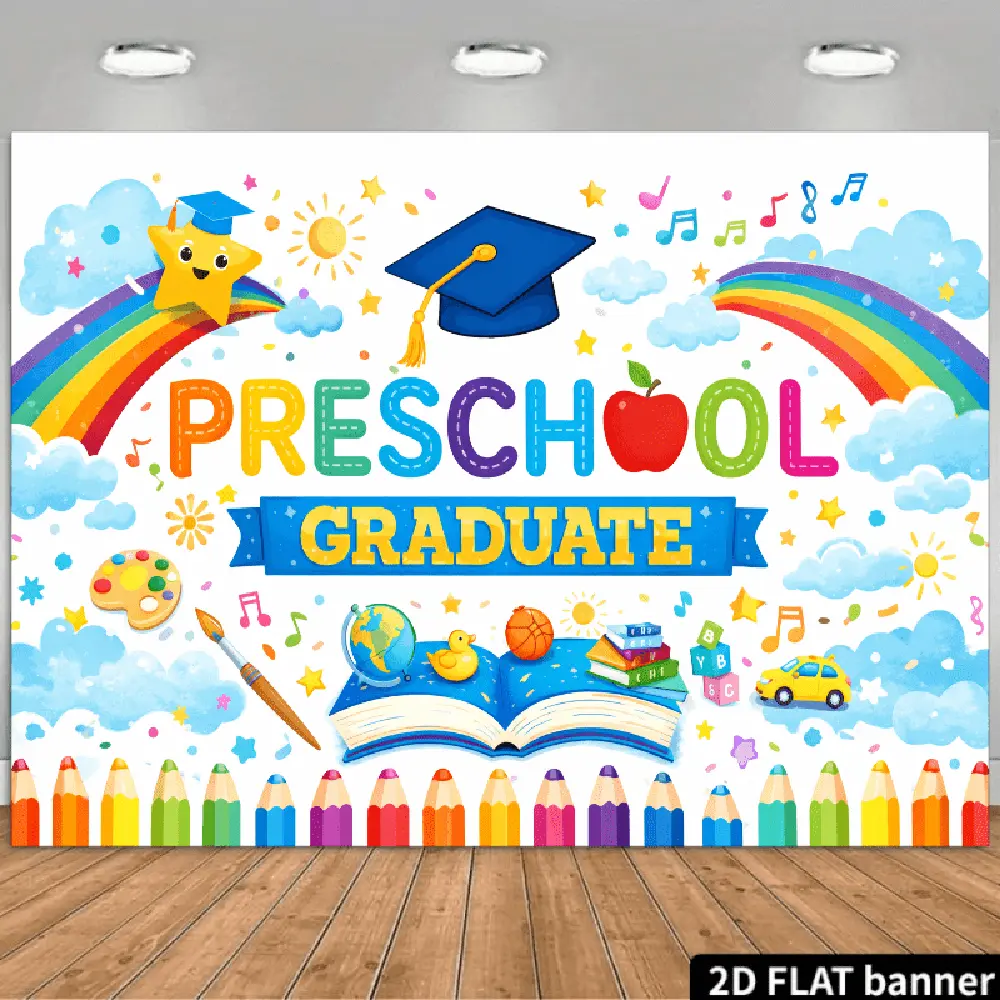 1PC 2D Flat Backdrop Banners - Preschool Graduate Theme Decor with Cute Rainbow Book Cartoon Elements, Party Curtain & Photo Background Wall for Kids' Graduation Ceremony