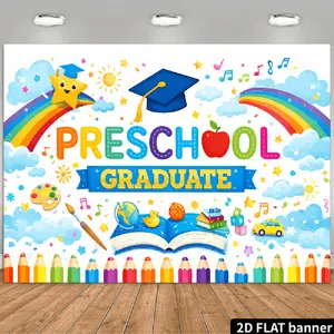 1PC,2D Flat Backdrop Preschool Graduate Theme Decorative Backdrop, Cute Rainbow Book Cartoon Element Party Decoration Curtain, Photo Background Wall Decor for Kids' Preschool Graduation Ceremony Party
