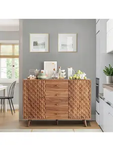 47in Rustic Farmhouse Wood Storage Sideboard Buffet Cabinet, Furniture for Kitchen, Wooden Construction, 4 Drawers & 2 Doors, Coffee Bar Cabinet, Dining Room Console Table