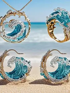 Hot Selling Wave Necklace Set Creative New Light Luxury Ocean Wave Design Ring Earrings Versatile