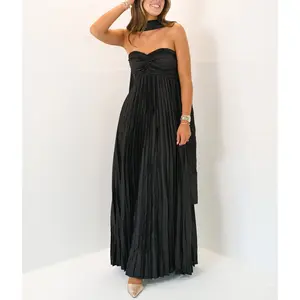 Women Long Dress Solid Color Pleated Tube Dress Summer Fashion Backless Casual Strapless Dress with Choker Scarf