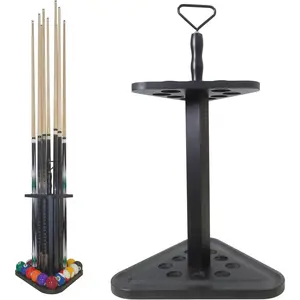 Floor Stand Wood Pool Cue Rack Billiard Stick Holder Game Room Organizer Holds 9 Cues Full Ball Set & Accessories Classic Stable Triangle Design Easy Assembly