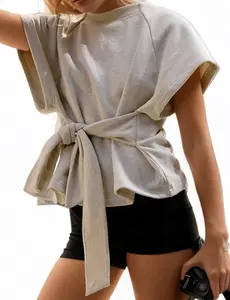 FUNTOUR Womens Summer Wrap Top Short Sleeves Tee Shirts Workout Top Crewneck Tie Front Tops Sweatshirt Fashion Clothes