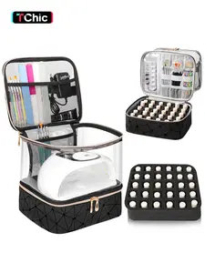 Clear Nail Polish Organizer Holds 30 Bottles (15ml/0.5fl.oz)& Nail Lamp, Double Layer Nail Supplies Organizer Case Transplant, PU Leather Vanity Bag Organizer Nail kit Storage Bag for Manicure Tools