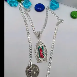 VIRGIN MARY religious necklace figaro style SILVER-PLATED   colors stone's 24"inches fashion creative