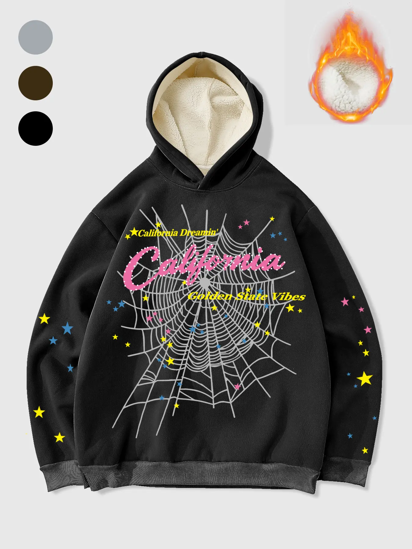 Spider Web Hoodie with Letter Print, Colorful Stars Sleeves 