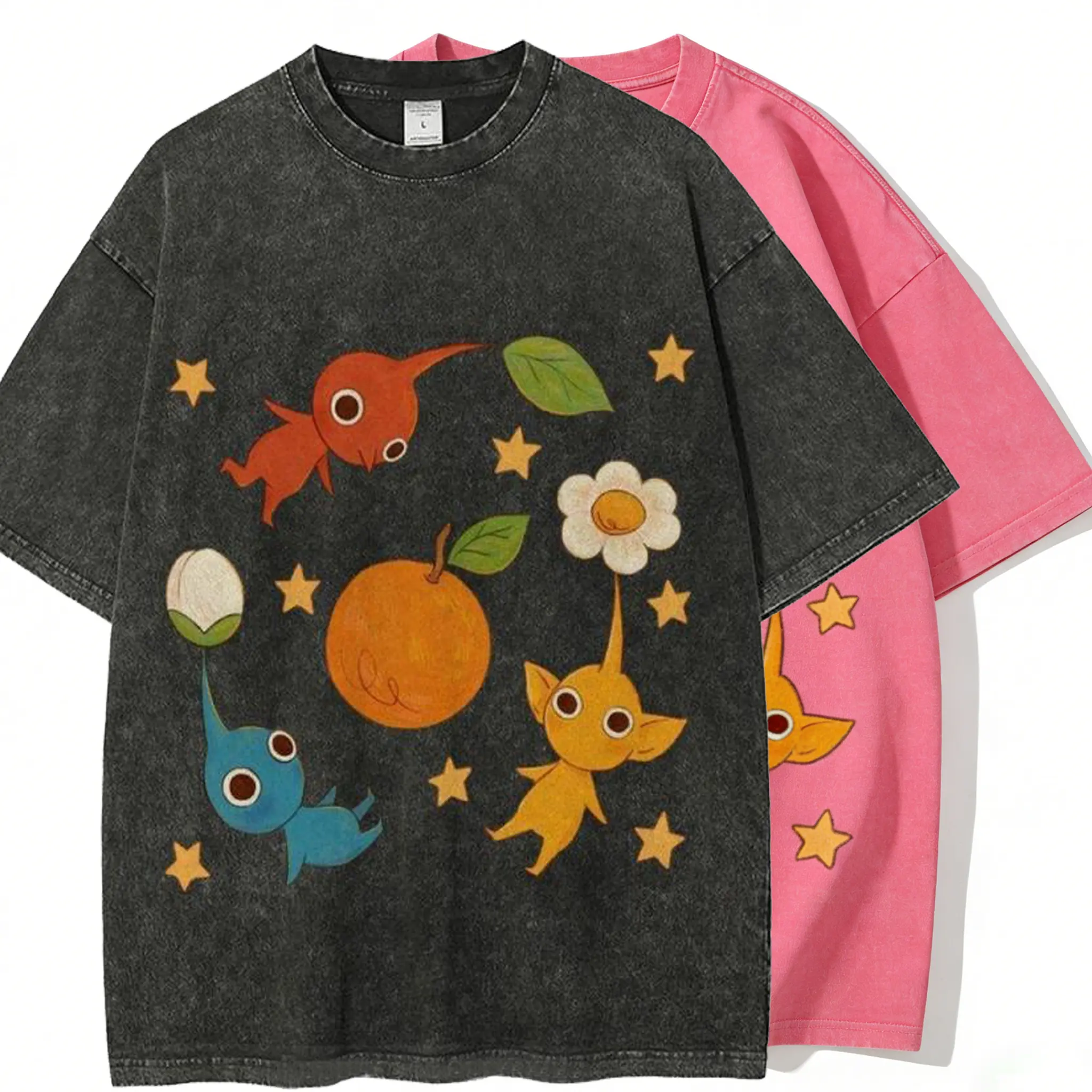 Women's Cute Pikmin Print T-Shirt, Retro Washed Cotton Casual Short Sleeve Top, Shortsleeve, Vintage, Oversized, Y2k