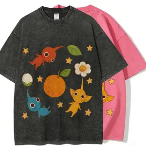 Women's Cute Pikmin Print T-Shirt, Retro Washed Cotton Casual Short Sleeve Top