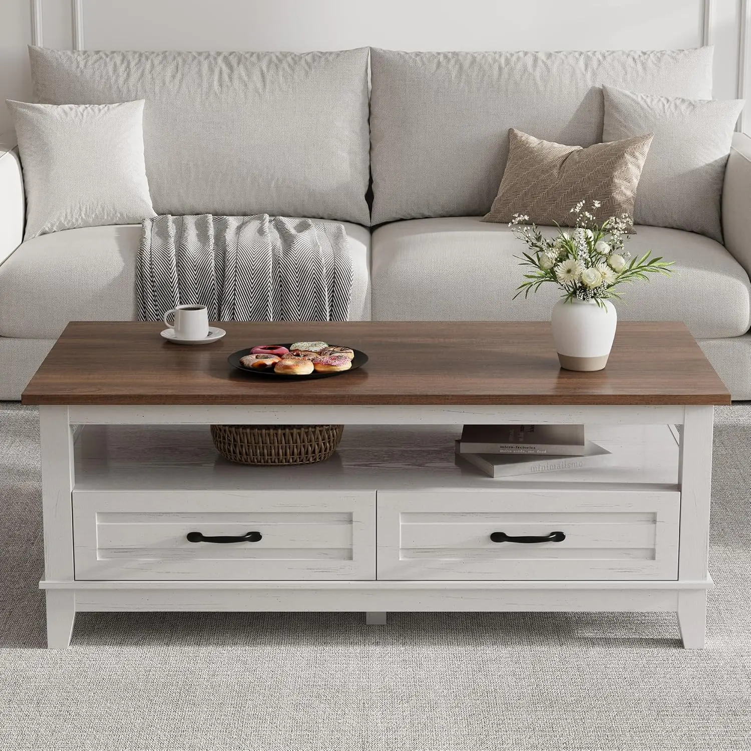 47.2-Inch Rustic Walnut Farmhouse Coffee Table with Drawers, Ample Storage, Elegant Design, Off-White Indoor Furniture, Rustic Sofa Table