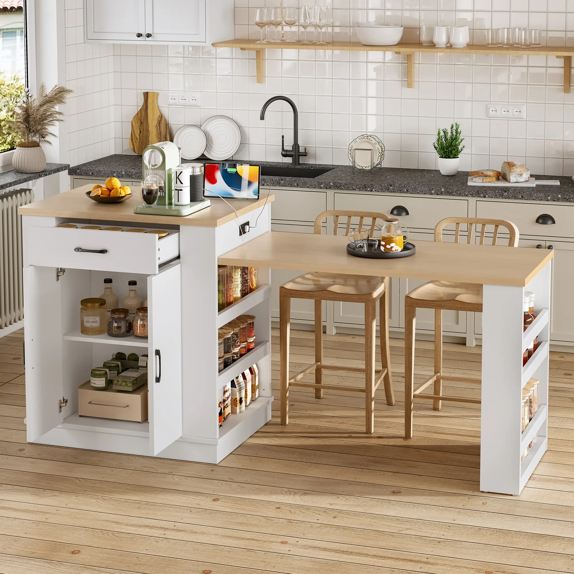 Extendable Island Console Table with Drawers Double Door Cabinet Open Shelving Dining Table Breakfast Bar Kitchen Island White Furniture for Living Room Dining Room Home Office, Living Room Table for Sofa Side, Bedroom, Office