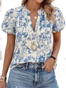 Chic Petal Women's Blue & White Botanical Print V-Neck Top Elegant Puff Sleeve Summer Blouse Romantic French Country OOTD Shirts Womenswear