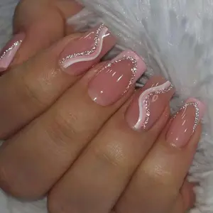 Elegant Square Nail Art Set, Gradient Nude & Waves Design, Glitter Decorative Nails, 24 Pieces/3 Sizes, Perfect for Commuting & Dates, Includes Tools