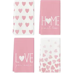 Artoid Mode Pink Heart Love Valentine's Day Kitchen Towels Dish Towels, 18x26 Inch Farmhouse Anniversary Wedding Decoration Hand Towels Set of 4