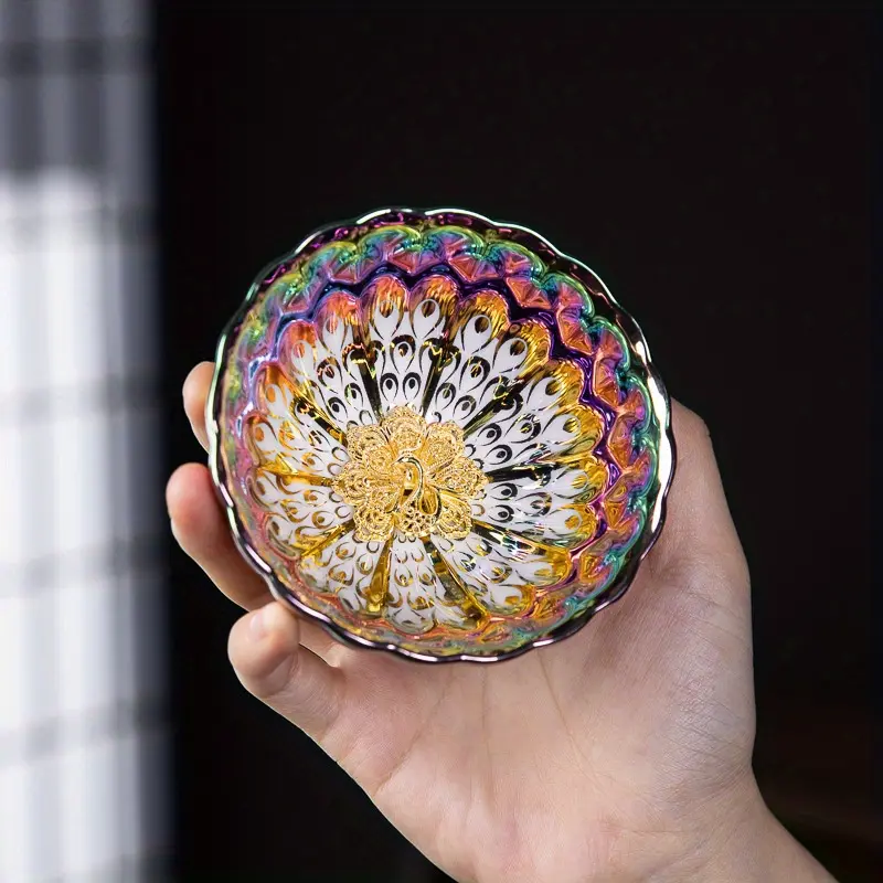 1pc, colorful gold inlaid lotus peacock gilded architectural exhibition ceramic kung fu tea cup, master cup tea cup for restaurant
