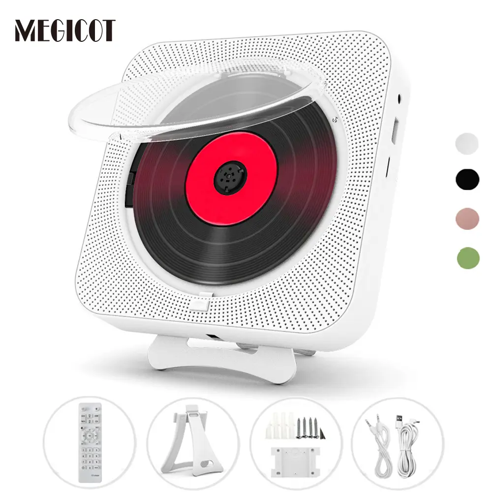 MEGICOT Compact Bidirectional Bluetooth Desktop CD Player with Built-in Speakers, Wireless Audio Device, Portable Wall-Mountable Media Player with Dust Cover, Remote Control, FM Radio, USB, Micro SD, AUX Support