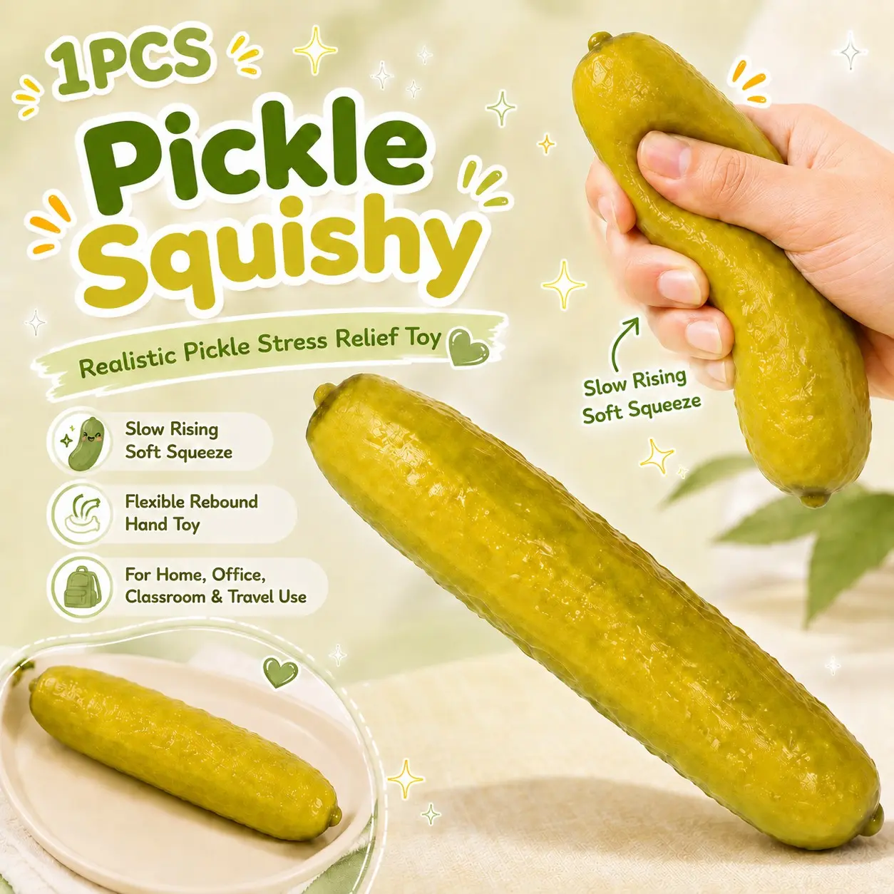 1PCS Pickle Squishy Stress Relief Toys, Realistic Pickle Stress Relief Toy, Slow Rising Soft Squeeze Sensory Fidget, Flexible Rebound Hand Toy for Home Office Classroom Travel Use, Squishies Fidgets, Sensory Fidget Gift, Stress Relief Aid