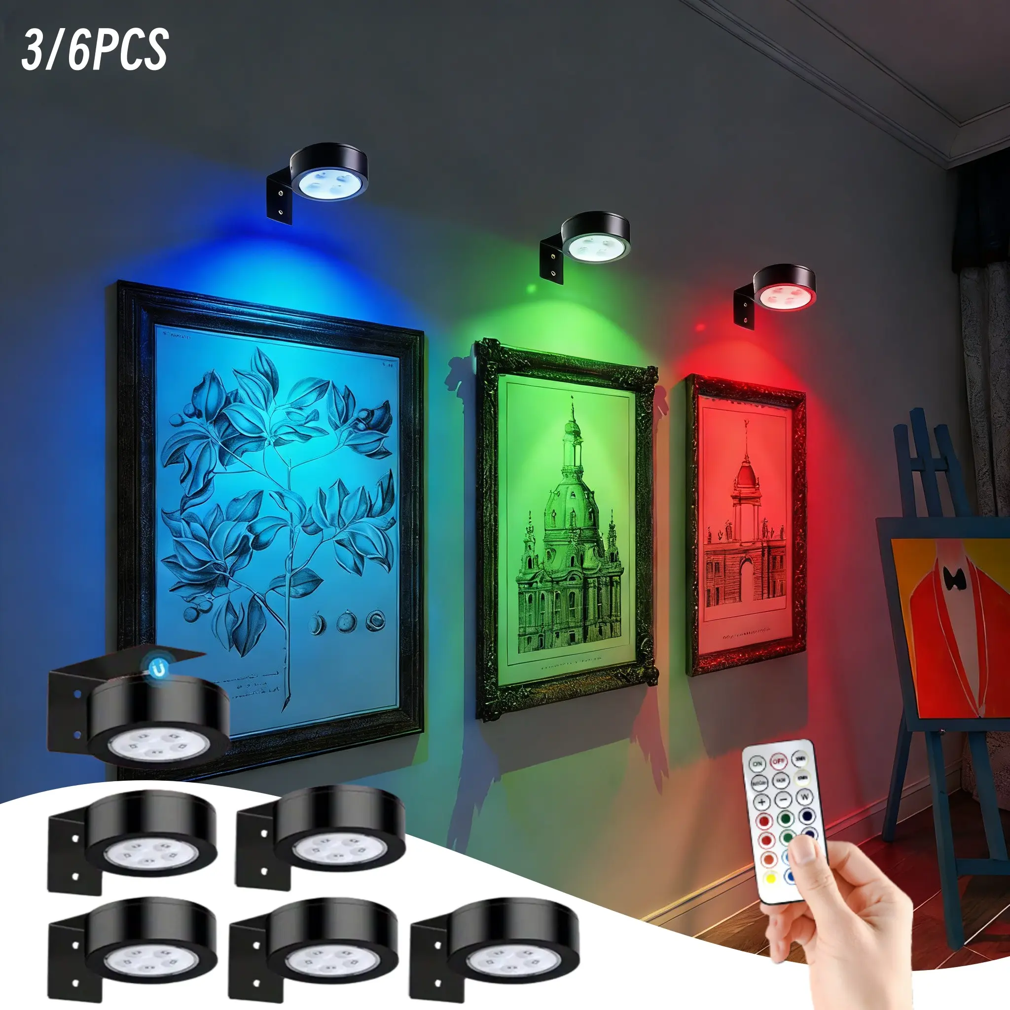 1/3/6PCS Picture Lights for Wall, Frame, Artwork, RGB Led Art Display Light with Battery Operated, Magnetic Painting Light with Remote Control, Decorative Lighting, Home Decor Lighting, Black