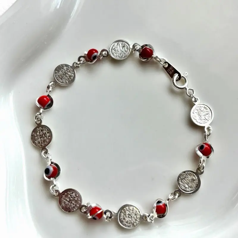 Pulsera de ojito turco rojo plata .925 | Silver 925 red evil eye and Saint Benedict