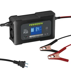 POWERWIN Smart Charger P20 12V20A 24V10A Automatic 9-Stage Fast Charge with Pulse Repair Function perfect for AGM Lead-Acid Lithium LiFePO4 LCD