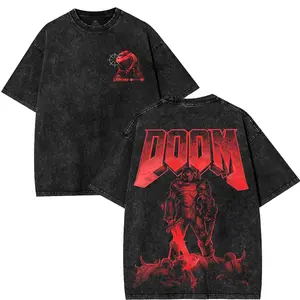 DOOM T-Shirt, DOOM Eternal Slayer Double Printed Washed 2 Sided Printing T-Shirt RPG action Video anime manga Games movie Streetwear graphic tees