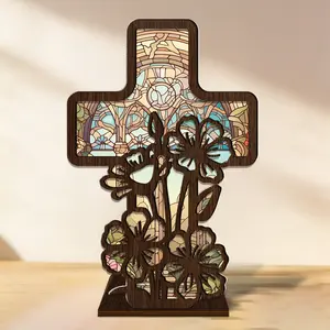 1pc Stained Glass Window Style Suncatcher Candle Holder, Cross design, Glow in the Book Corner Statue candlestick, Mini Reading Nook Bookshelf Decor, Bookend for Readers & Book Lovers, Suitable for Bookshelf or Desk, Home Decor (Candles Not Included)