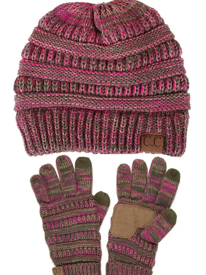 C.C 2pcs Set Winter Four Tone Warm Cable Knit Thick Slouch Beanie Cap and Gloves