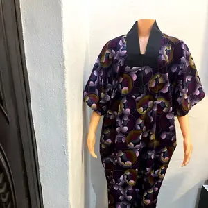 Ankara Bubu - Purple and Gold Floral Print Kimono with Black Collar and Short Sleeves