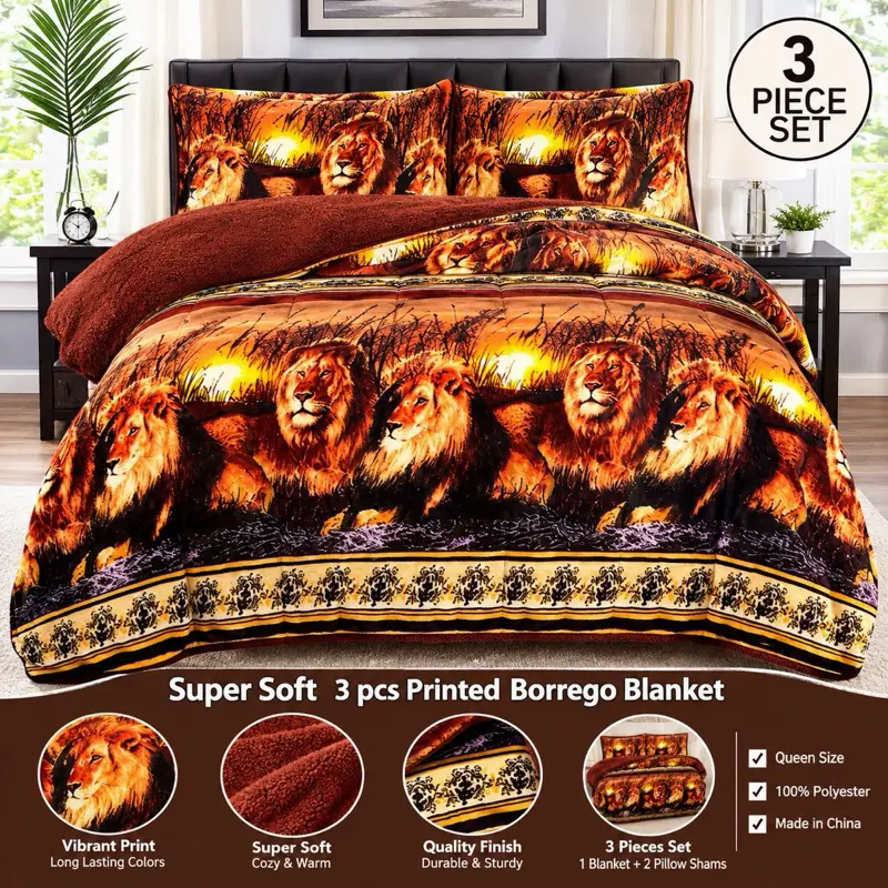 Vintage Floral Print Polyester 3-Piece Borrego Blanket Set - Super Soft, Cozy, Multi-Size Household Textile with 1 Blanket & 2 Matching Pillow Shams for Bedroom Refresh