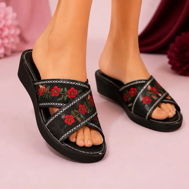 Huarache Mexicano - Mexican Leather Huaraches Handmade Flatform Women's Shoes with sunflower & Sunflower Pattern Closed Toe Comfortable Dayli use - chancla oscura ancha girasol - chancla oscura cruzada flores Rojas