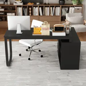 55" L-Shaped Home Office Desk - Corner Computer Desk w/ 3 Drawers, 2 Shelves & Storage Cabinet, Study Writing Workstation