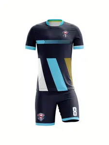 Men's navy blue contrast stripe football uniform set, navy blue multi-color football training uniform set, quick-drying and breathable