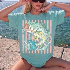 Comfort Colors Retro Bass Fish Shirt, Pastel Fishing Graphic Tee, Preppy Coastal Lake Aesthetic T-Shirt, Summer Fishing Outfit, Large Mouth Bass Angler Gift Gift For Her, Cotton Fabric Summer - SRS