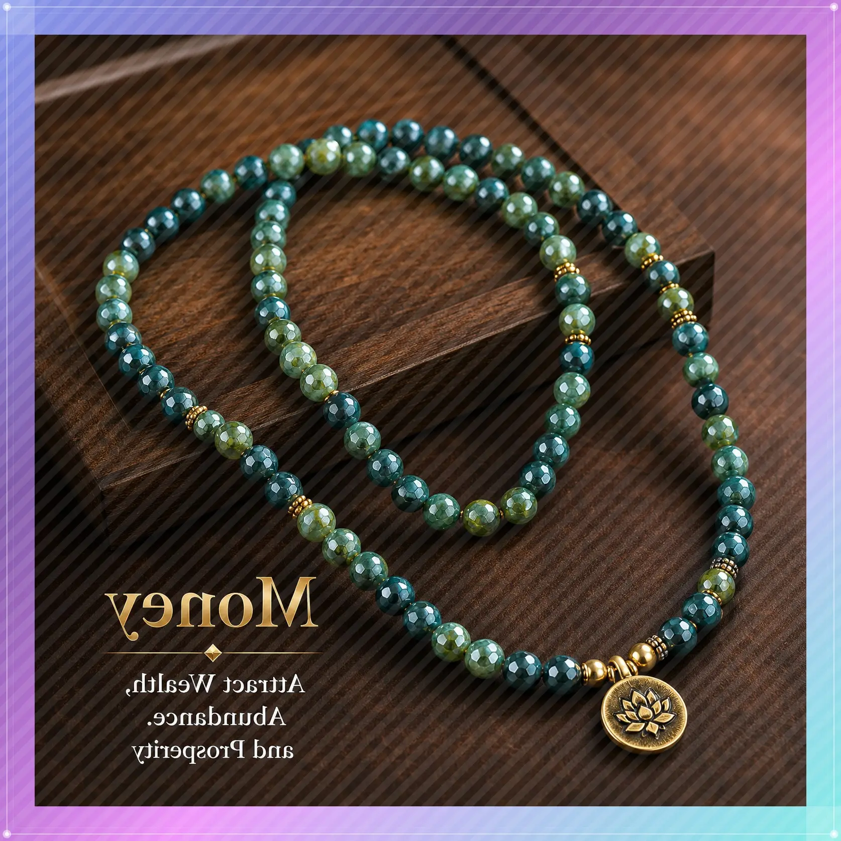 8mm Green Moss Agate Gemstone Healing Crystal Stone 108 Mala Beads Money Attraction Necklace Long Beaded Wrap Bracelets Genuine Gemstone Mala Prayer Beads Lotus Buddha Charm Yoga Meditation Necklace Ideal Gift Jewelry , Lotus Pendant, Long Chain summ