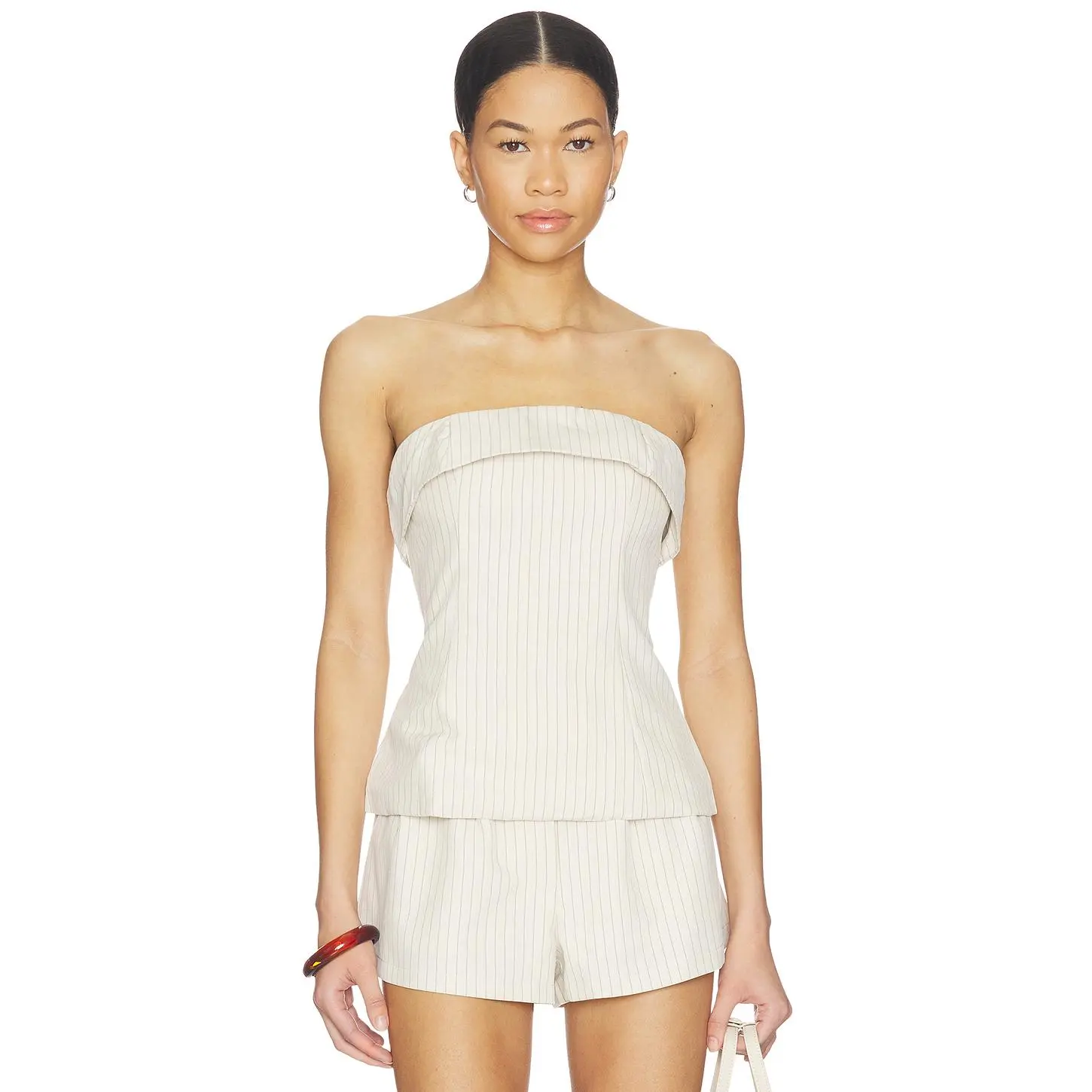 Women's ALL THE WAYS Braylon Strapless Beige Stripe Blouse - Elastane Blend Fabric, Cinched Waist, Back Zip, Dry Clean Only
