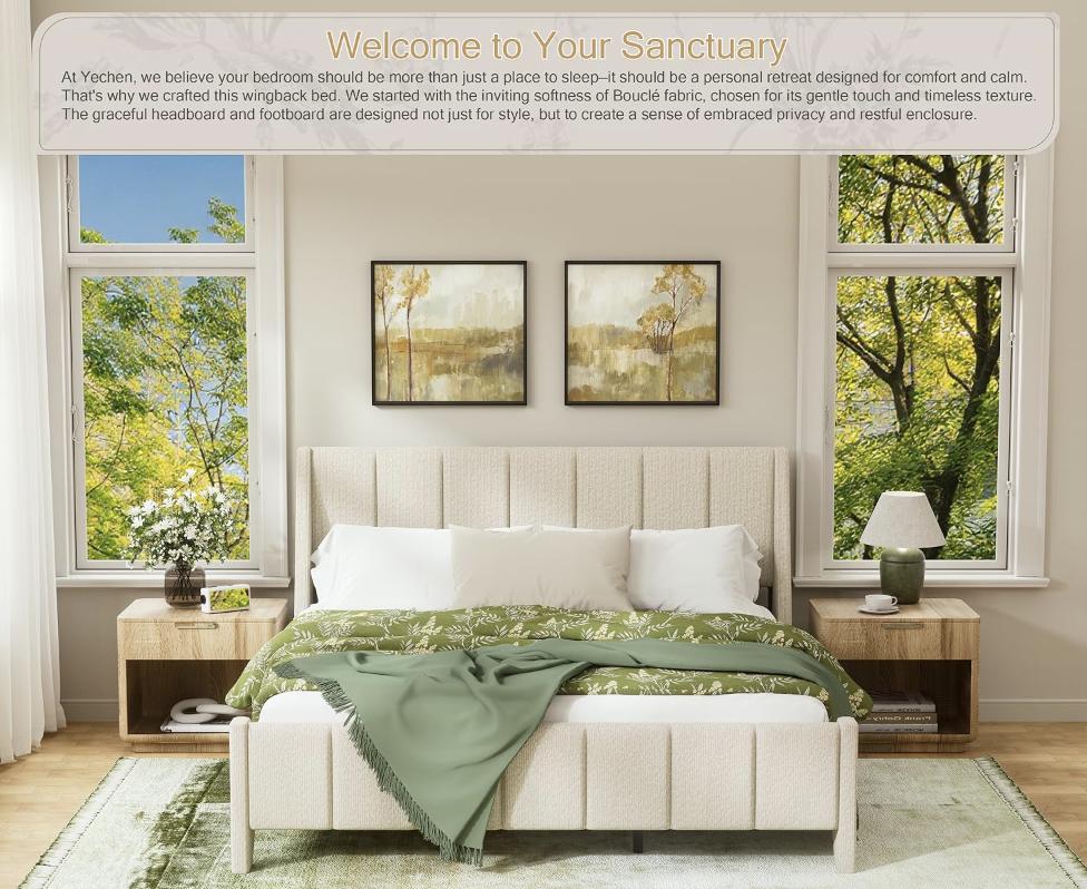 Yechen Boucle Wingback Full Bed Frame, Ivory Upholstered Platform Bed with Enclosed Footboard | Vertical Channel Tufting | Easy Assembly & Noise-Free | No Box Spring Needed