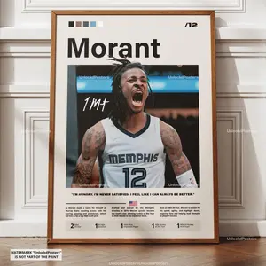 Ja Morant Poster, NBA Star Print, Memphis Grizzlies Wall Art, Framed Basketball Decor, Dynamic Action Artwork, Sports Gift Idea, Morant, NBA