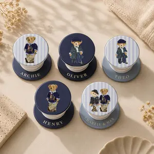 Custom Teddy Bear Phone Grip Personalized Preppy Bear Phone Stand Cute Name Phone Socket Aesthetic Striped Accessory Gift for Kids and Teens