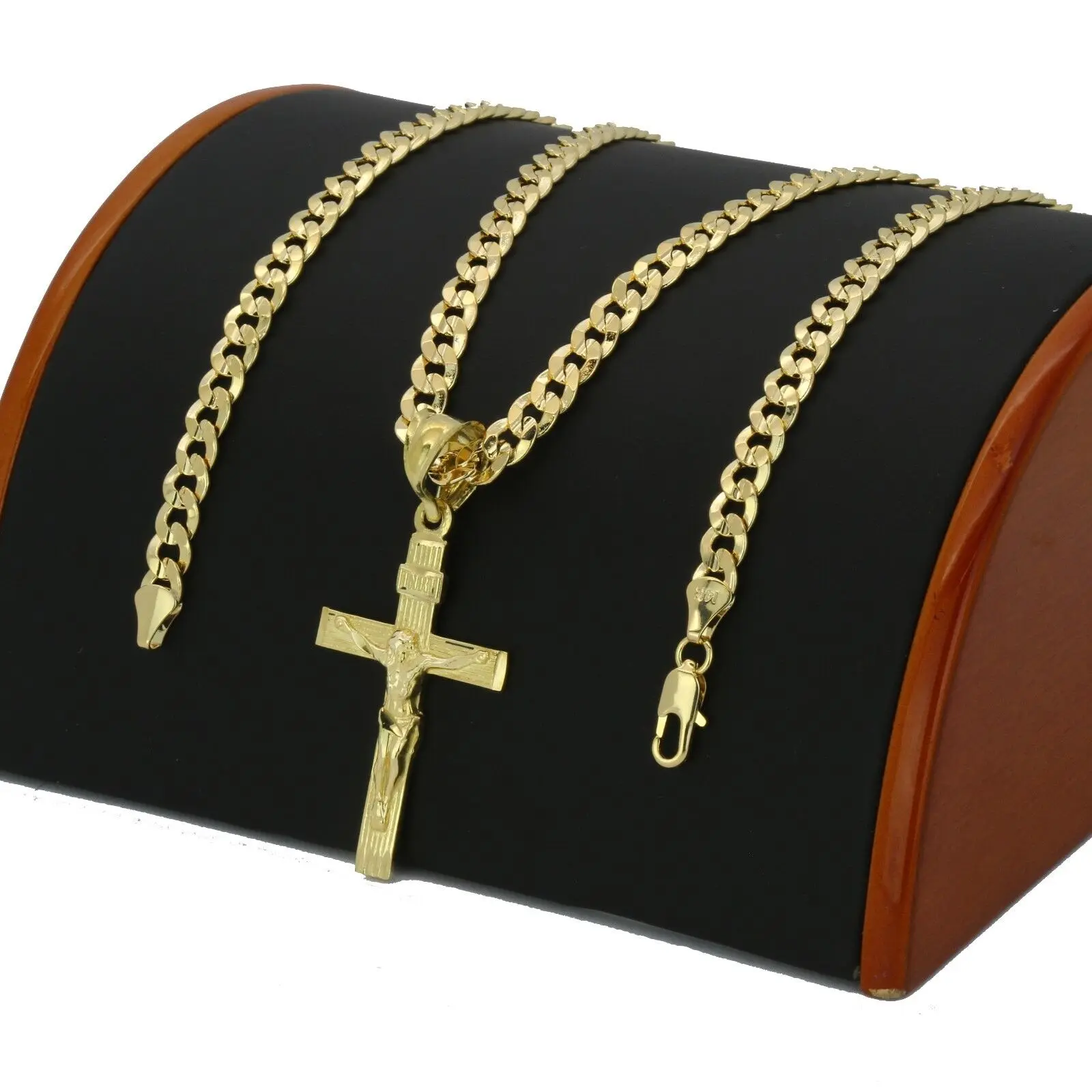 MaxBling81 High-End Brass Gold-Plated Jesus Crucifix Religious Pendant Charm, 5mm Cuban Necklace with 14K-Stamped Lock, High End Necklace Available in 20" or 24" Long Chain