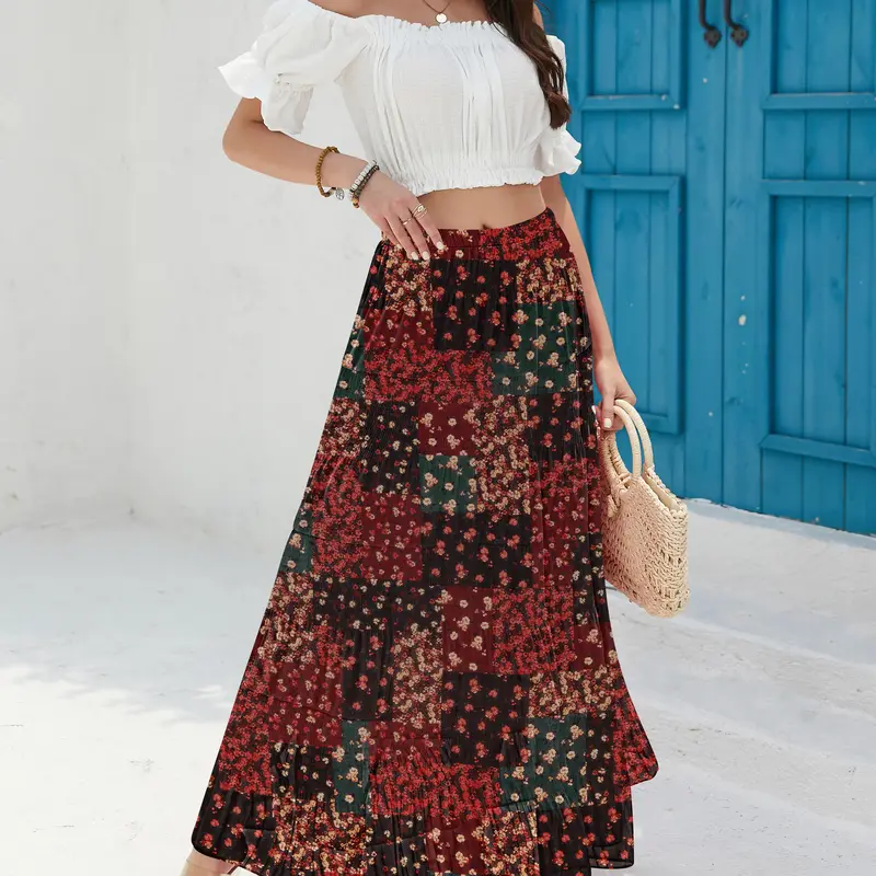CYiNu Women's High-Waisted Elastic Woven Tiered Floral Pleated Chiffon Maxi Skirt - Stylish Women's Wear Retro A-Line Flowy Lightweight Petticoats-Inspired Bottoms, Plus Size for Summer Work, Party (New Year, Wedding)
