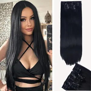 24 Inch Clip in Synthetic Hairpiece Extension Full Head 160g 6PCS 16 Clips Black Hair Extensions Thick Straight Silky for Women Girls Wedding Daily Usep Clip-In