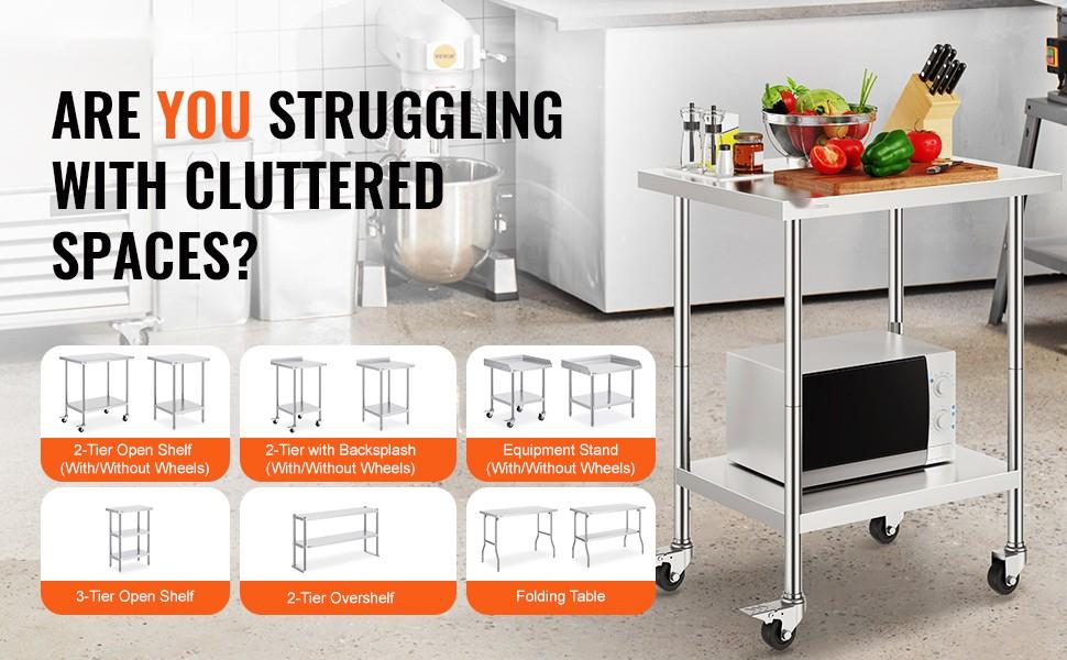 Stainless Steel Work Table With 4 Locking Wheels, 24 X 30 X 38 Inch, Three Adjustable Height Levels, Heavy Duty Food Prep Table For Commercial Kitchen, Restaurant Use, Silver Finish