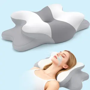 Orthopedic Cervical Contour Memory Foam Pillow for Sleep Apnea, Relieve Neck Pain & Snoring, Ergonomic Pillow for Side Back Stomach Sleepers, Medium Firm GreyWhite Queen Size