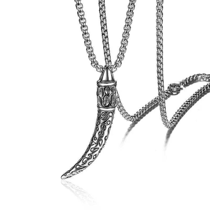 Unisex Premium Stainless Steel Wolf Fang Amulet Necklace - Hypoallergenic, Tarnish-Resistant Gothic Talisman, Detailed Engravings, Long Chain, Approx. 55mm×10mm, Casual, Comfortable for Most Styles, Edgy Street Looks, Halloween