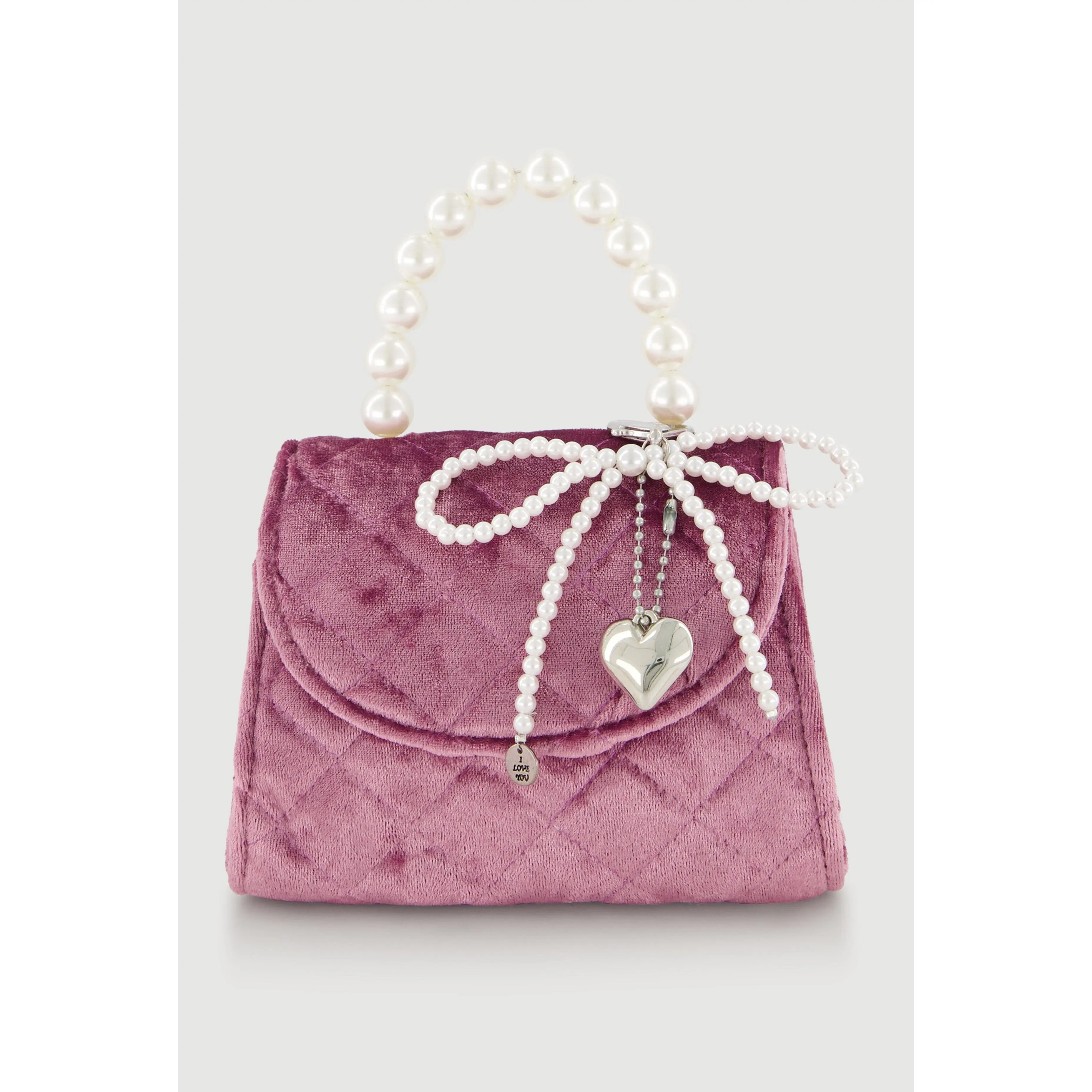 Girls Faux Pearl Handle Quilted Velour Handbag with Keychain