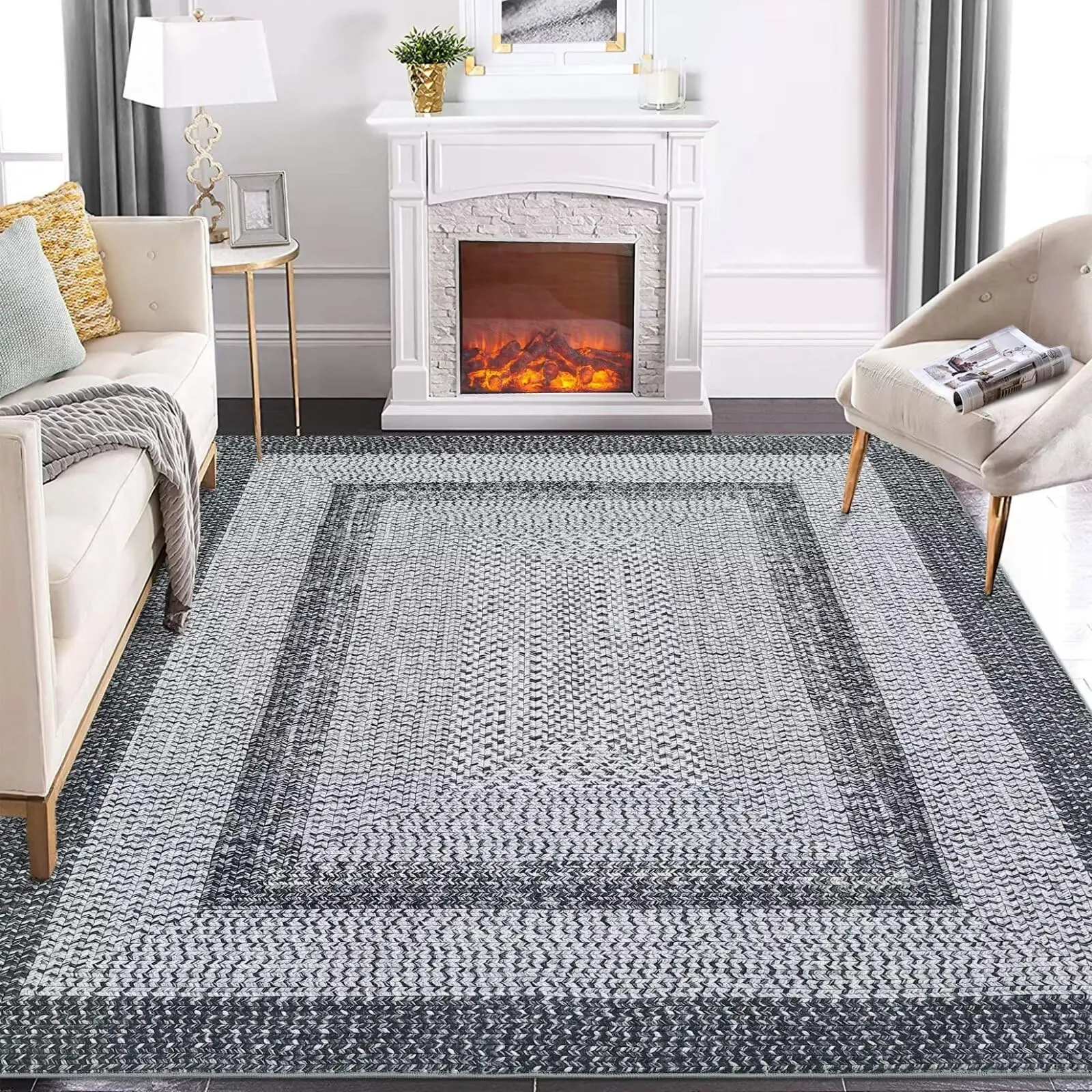 Gray 4x6 Braided Area Rug with Non-Slip Backing, Modern Accent Carpet for Bedroom, Living Room, Dining Room & Hallway, Foldable Low Pile Throw Rug
